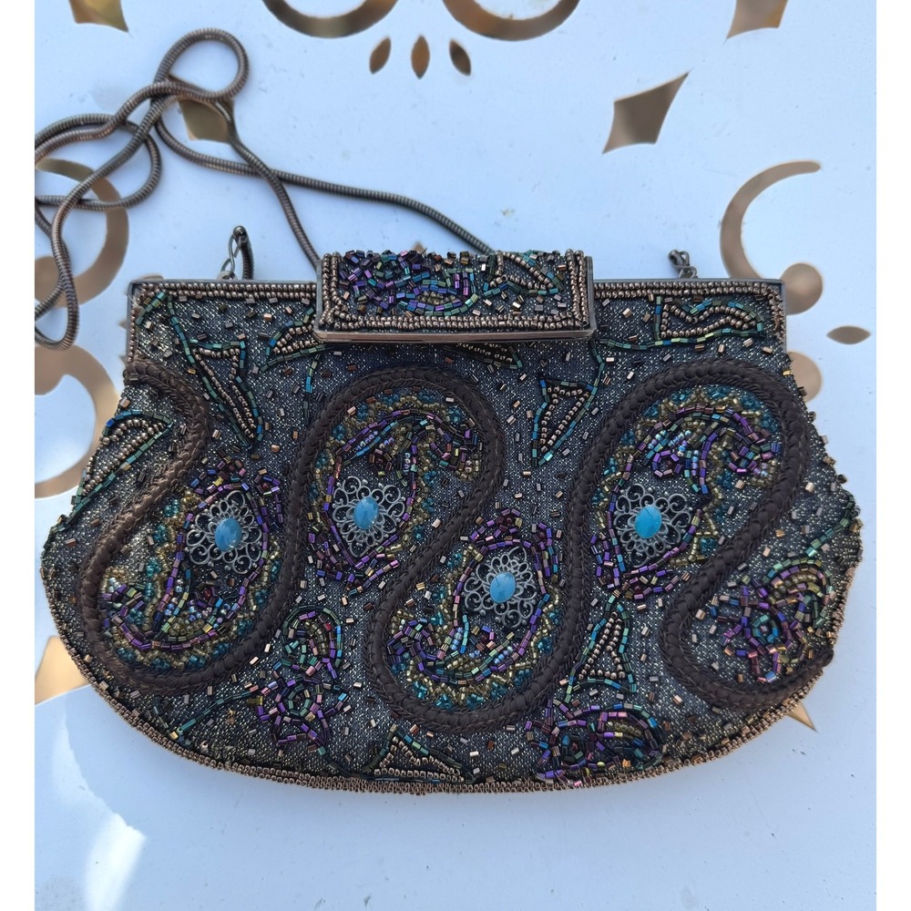 Vintage Sharmark Beaded Evening Bag Paisley Bronze Shoulder Chain Formal Purse